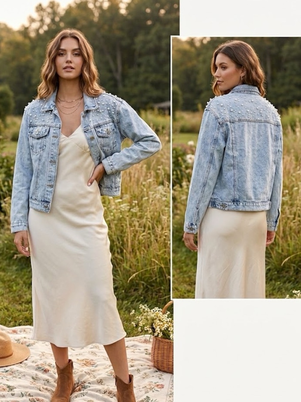 Light Wash Pearl-Embellished Denim Jacket